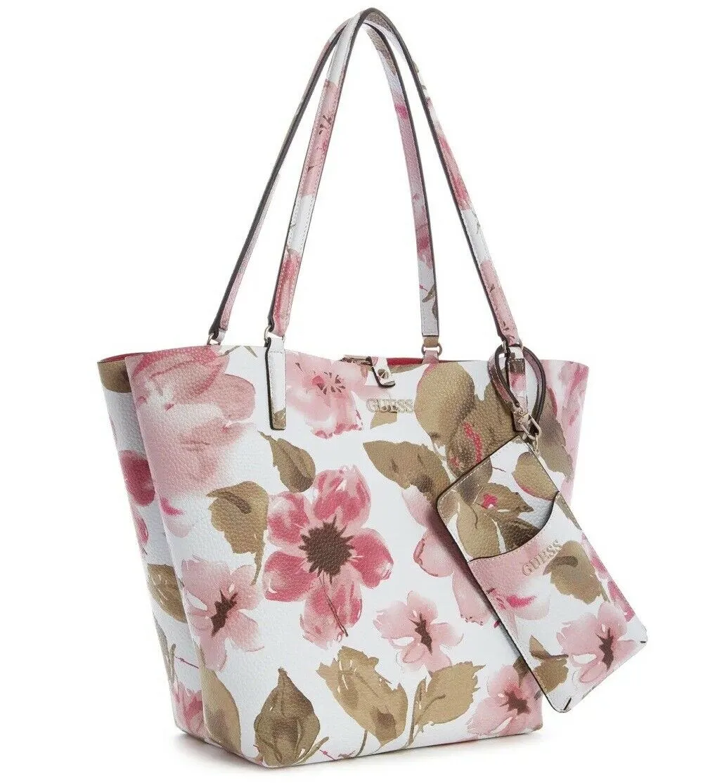 NEW GUESS Women's Alby Toggle White Pink Floral Tote Handbag Purse   Phone Case