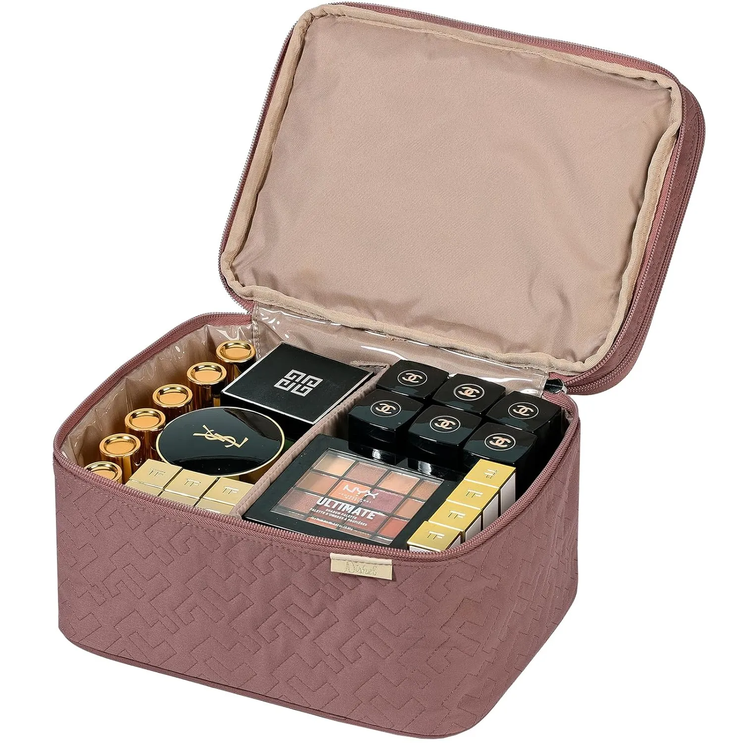 NISHEL Large Double Layer Travel Makeup Bag Women, Large Cosmetic Case, Organizer for Travel-Size Accessories Bottles, Brushes, Conditioner, and Skin Care Products, Rose-wood Pink