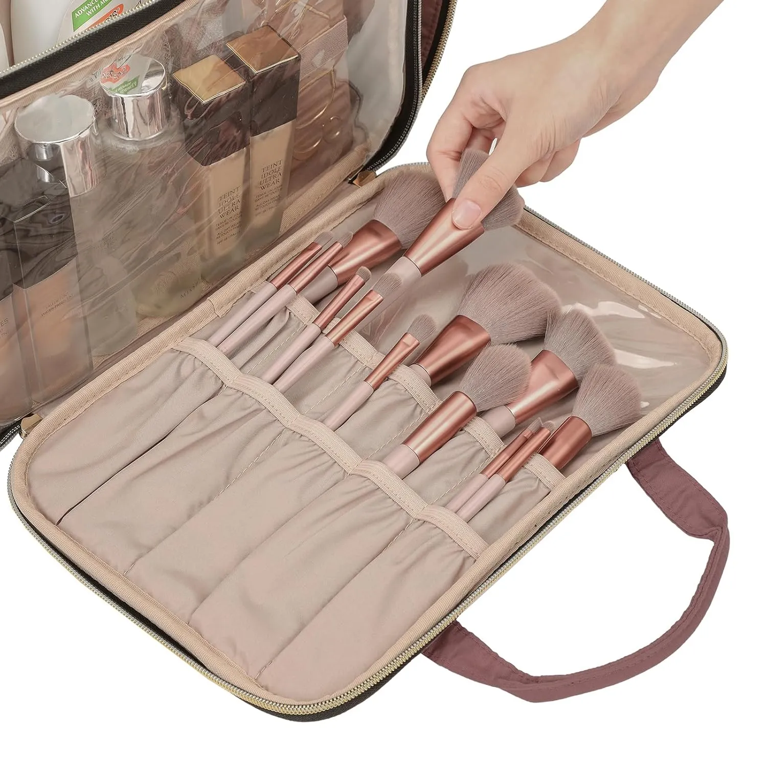 NISHEL Travel Makeup Bag Stand Up, Portable Cosmetic Organizer, Cosmetic Case for Travel-Size Toiletries, Rosewood-Pink