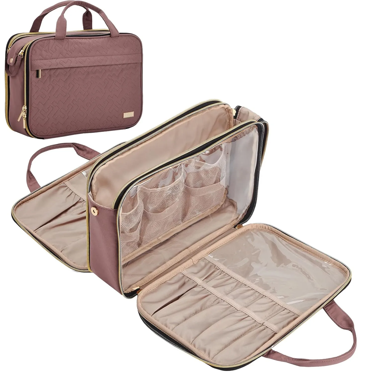 NISHEL Travel Makeup Bag Stand Up, Portable Cosmetic Organizer, Cosmetic Case for Travel-Size Toiletries, Rosewood-Pink