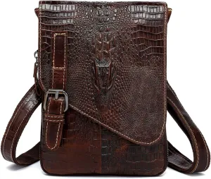 NIUCUNZH Genuine Leather Mini Messenger Bag Crocodile Embossed Small Crossbody Bag Shoulder Sling Bag Brown