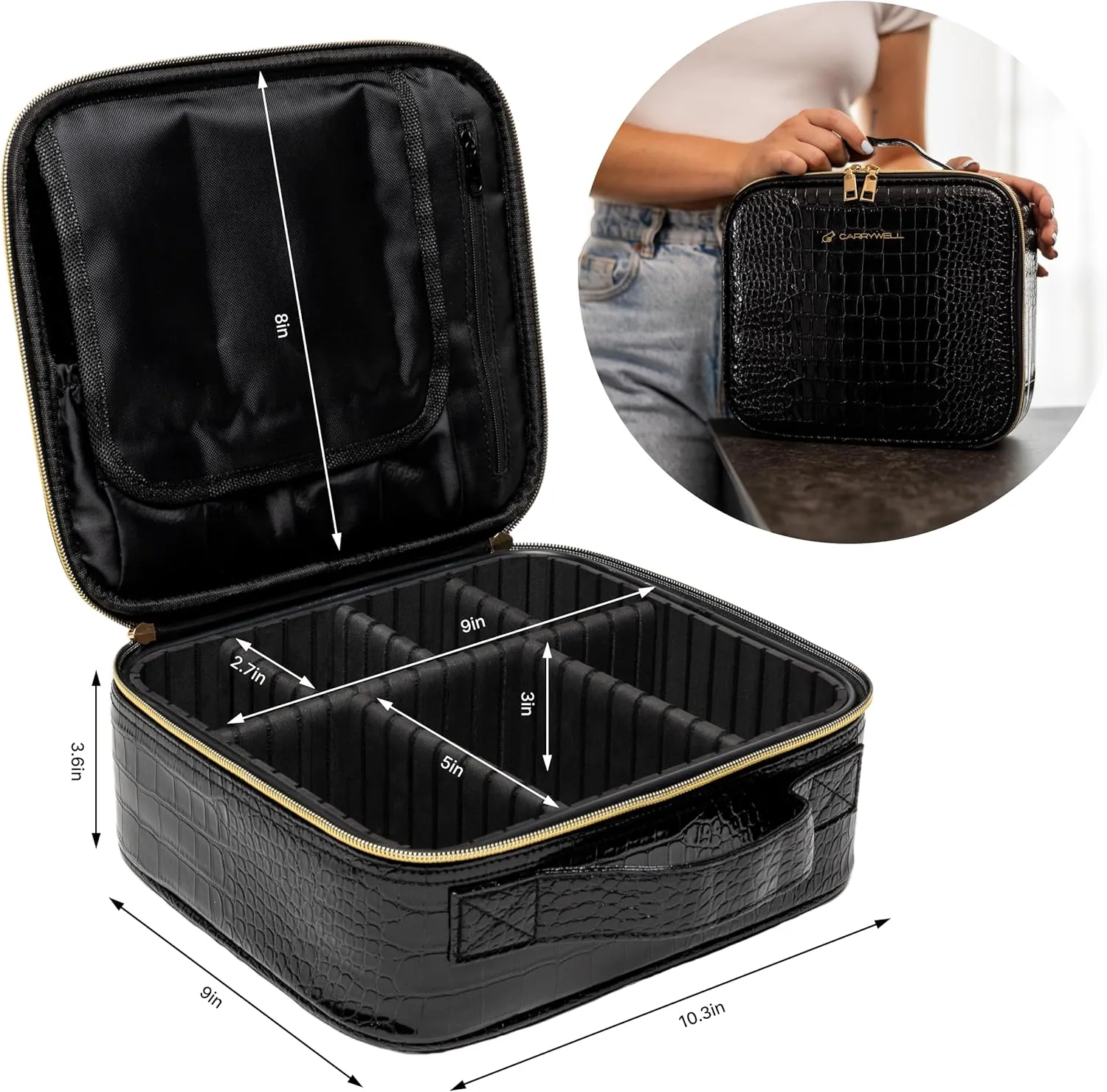 (Not Made In China) 2 Pack, Makeup Bag Travel Case, Train Case for Cosmetics, Portable Beauty Organizer, Cosmetic Storage Bag With Adjustable Dividers For Make Up and Brushes (Croco, Small)