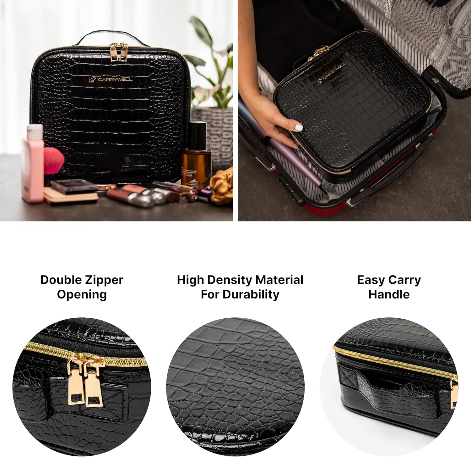 (Not Made In China) 2 Pack, Makeup Bag Travel Case, Train Case for Cosmetics, Portable Beauty Organizer, Cosmetic Storage Bag With Adjustable Dividers For Make Up and Brushes (Croco, Small)