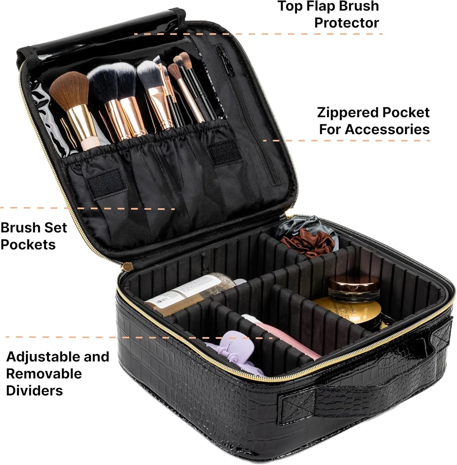 (Not Made In China) 2 Pack, Makeup Bag Travel Case, Train Case for Cosmetics, Portable Beauty Organizer, Cosmetic Storage Bag With Adjustable Dividers For Make Up and Brushes (Croco, Small)