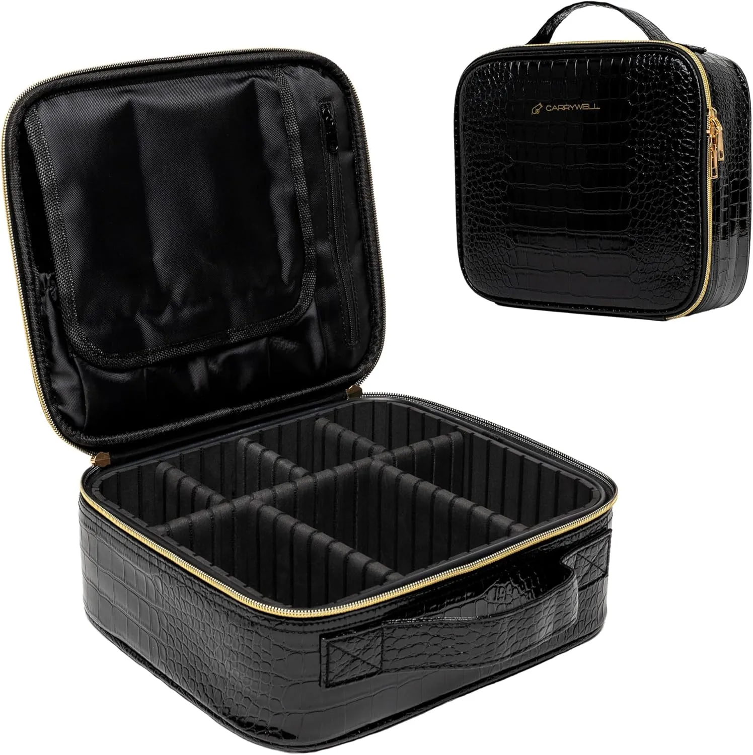 (Not Made In China) 2 Pack, Makeup Bag Travel Case, Train Case for Cosmetics, Portable Beauty Organizer, Cosmetic Storage Bag With Adjustable Dividers For Make Up and Brushes (Croco, Small)