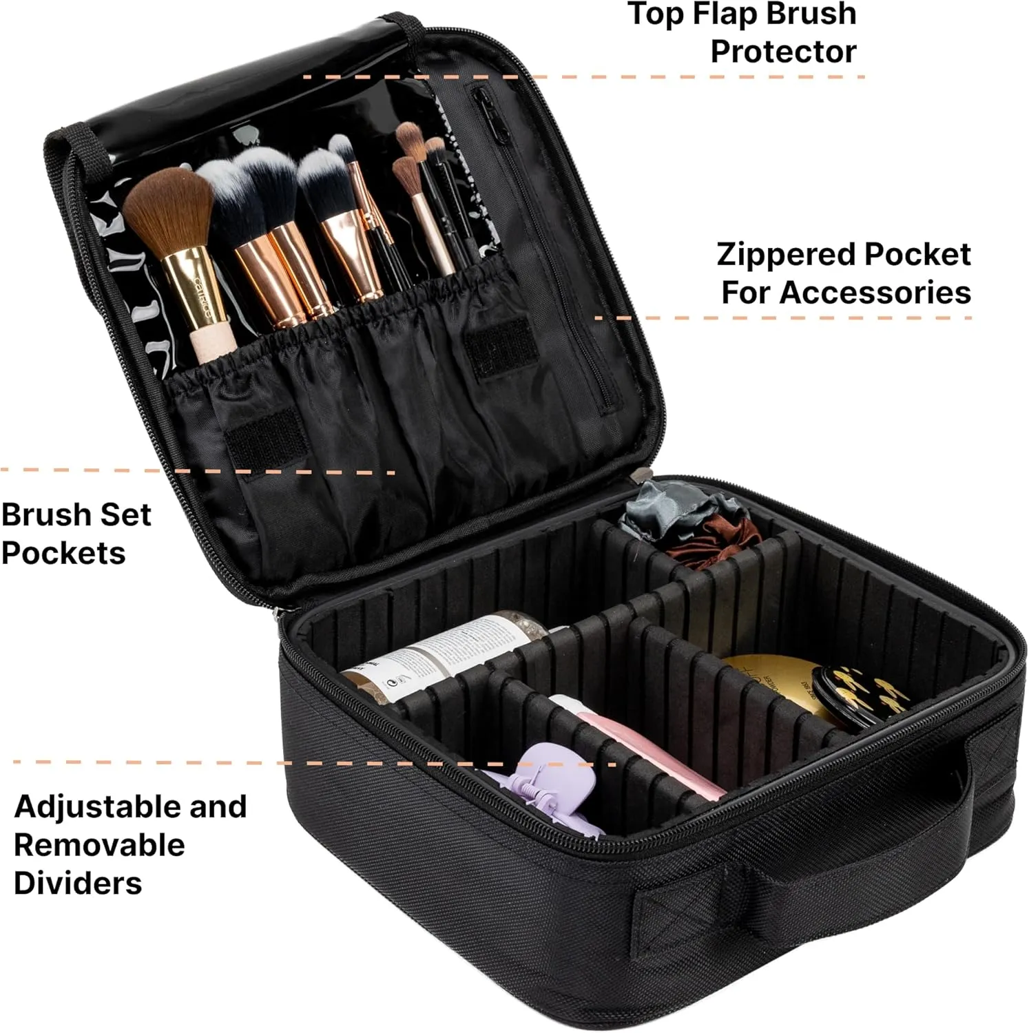 (Not Made In China) Makeup Train Case, Cosmetic Organizer Bag, Travel Make Up Storage With Adjustable Dividers For Cosmetics, Jewelry, Fragrance, Nail Polish and Brushes (1, Black, Small)