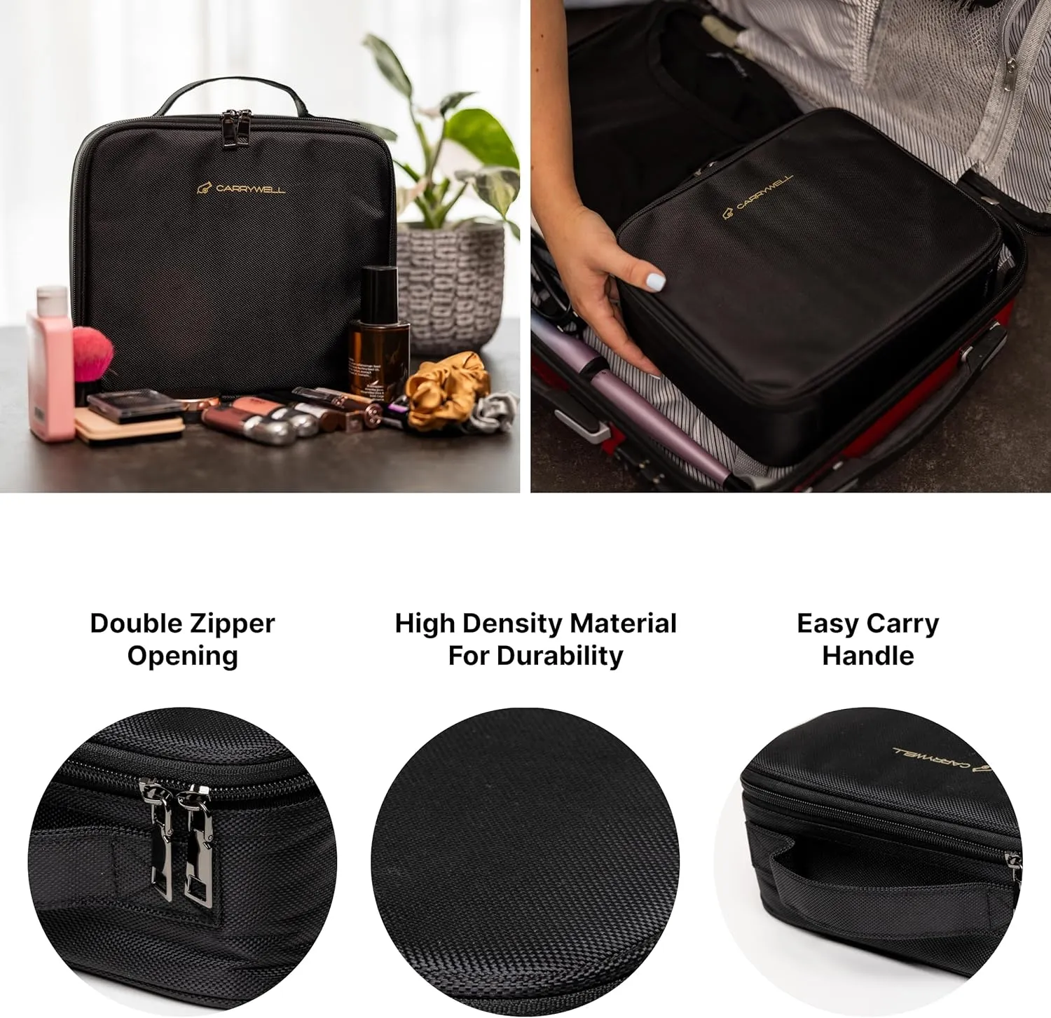 (Not Made In China) Makeup Train Case, Cosmetic Organizer Bag, Travel Make Up Storage With Adjustable Dividers For Cosmetics, Jewelry, Fragrance, Nail Polish and Brushes (1, Black, Small)