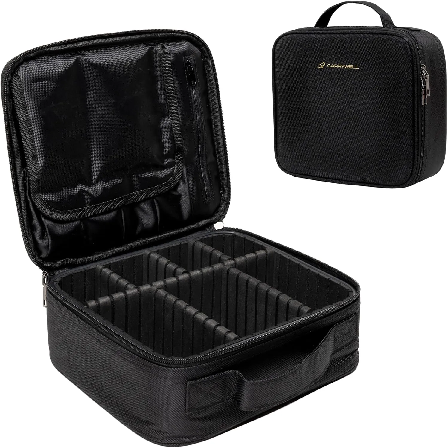 (Not Made In China) Makeup Train Case, Cosmetic Organizer Bag, Travel Make Up Storage With Adjustable Dividers For Cosmetics, Jewelry, Fragrance, Nail Polish and Brushes (1, Black, Small)