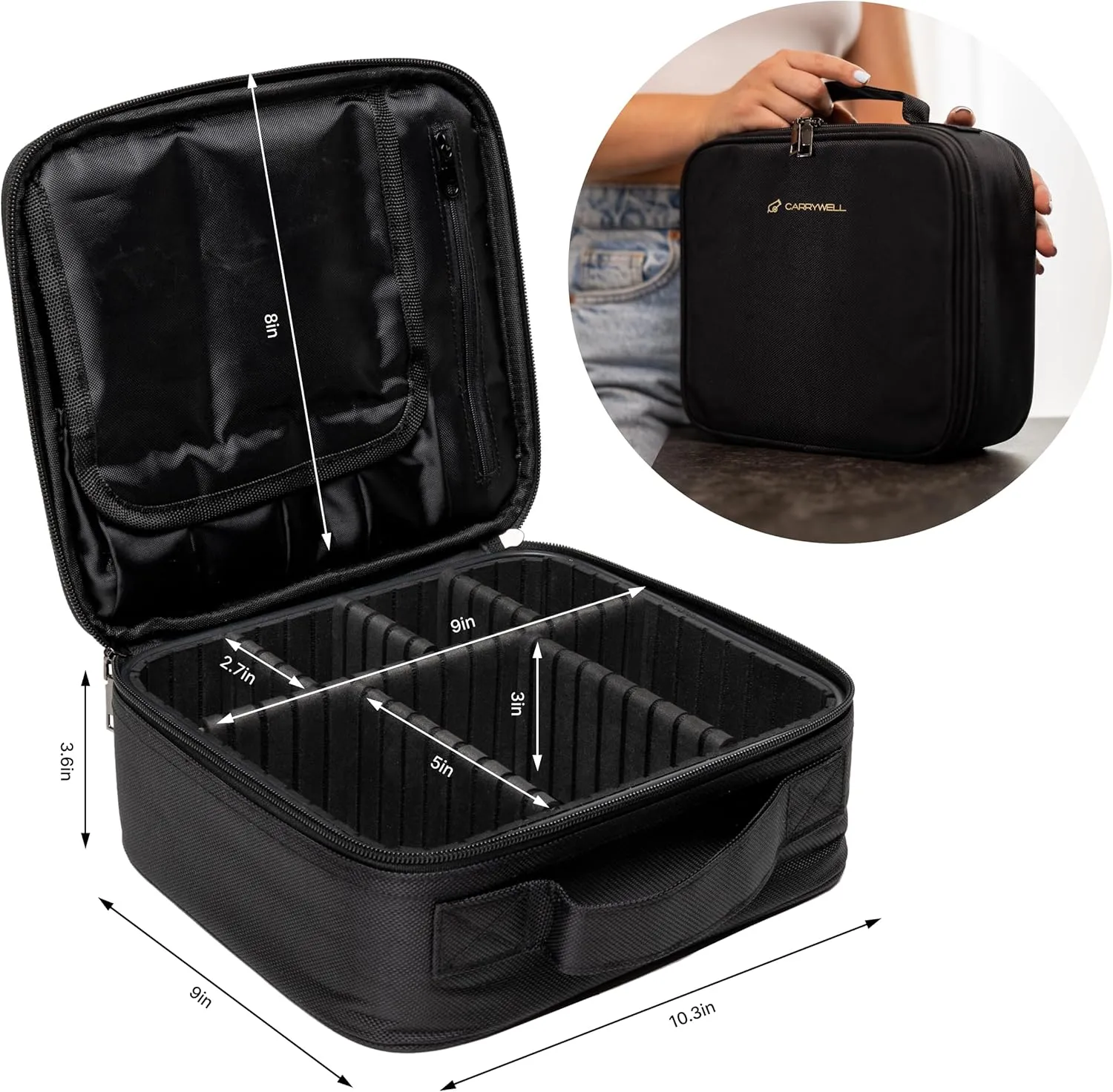 (Not Made In China) Makeup Train Case, Cosmetic Organizer Bag, Travel Make Up Storage With Adjustable Dividers For Cosmetics, Jewelry, Fragrance, Nail Polish and Brushes (1, Black, Small)