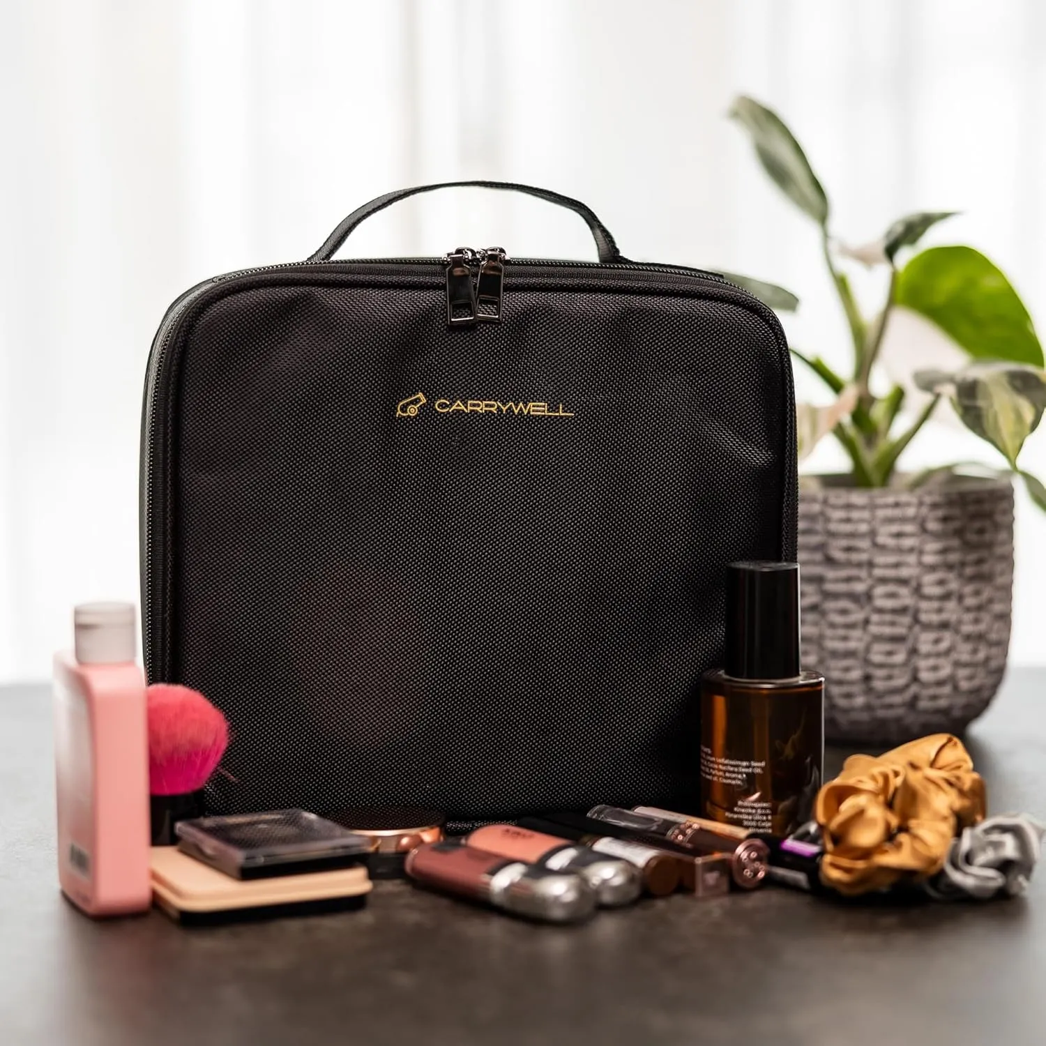 (Not Made In China) Makeup Train Case, Cosmetic Organizer Bag, Travel Make Up Storage With Adjustable Dividers For Cosmetics, Jewelry, Fragrance, Nail Polish and Brushes (1, Black, Small)