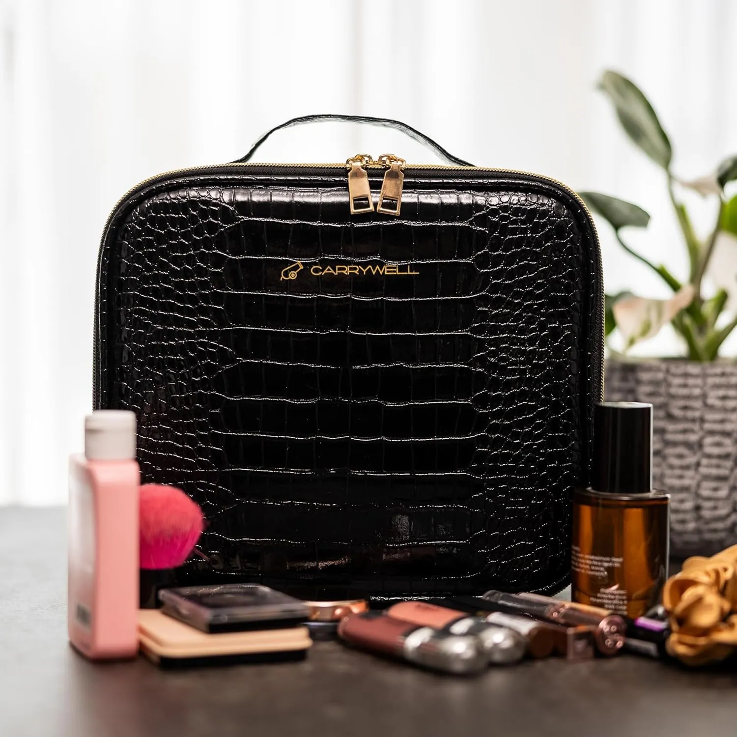 (Not Made In China) Makeup Train Case, Cosmetic Organizer Bag, Travel Make Up Storage With Adjustable Dividers For Cosmetics, Jewelry, Fragrance, Nail Polish and Brushes (1, Crocodile, Small)