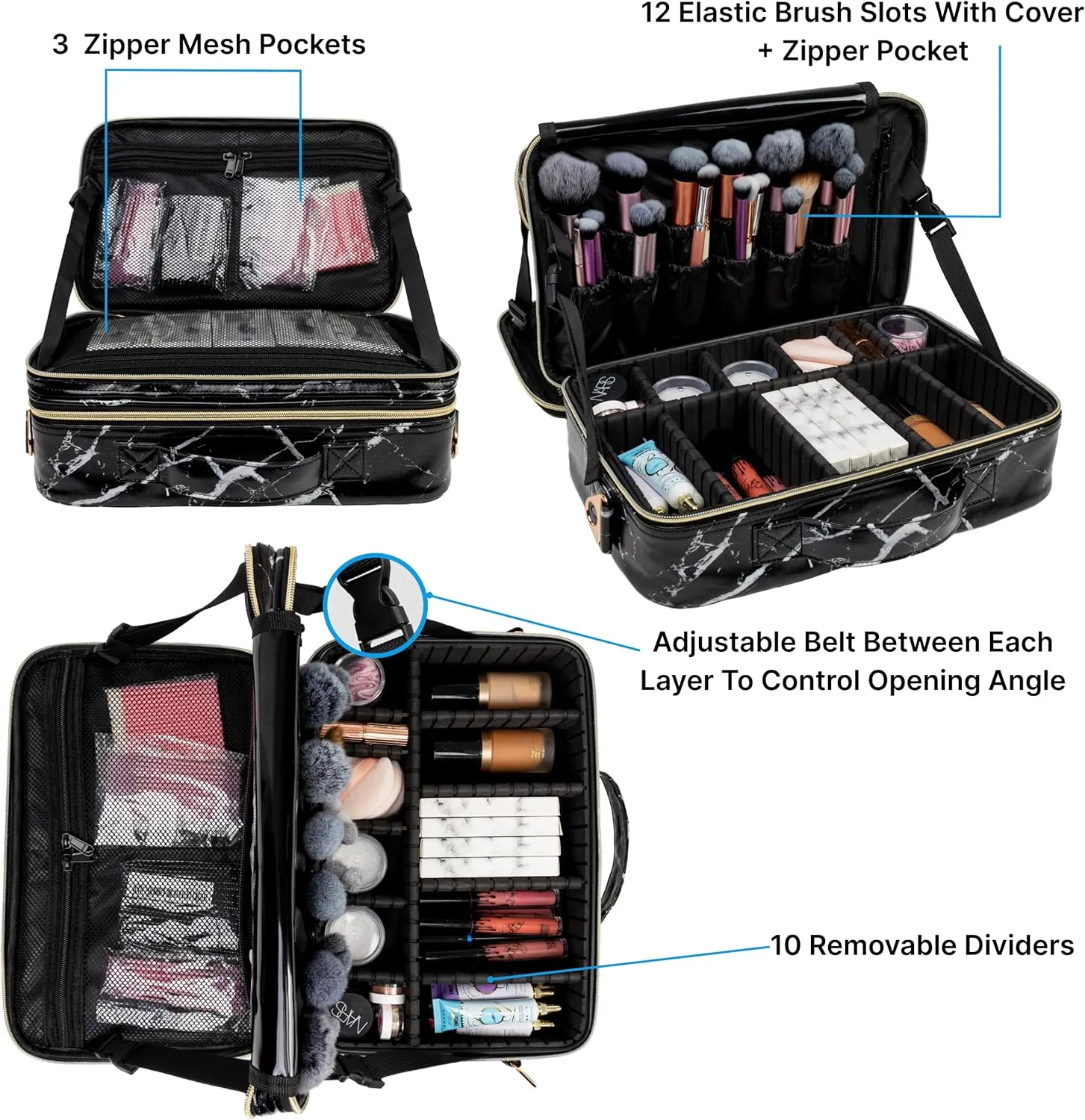 (Not Made In China) Makeup Train Case, Cosmetic Organizer Bag, Travel Make Up Storage With Adjustable Dividers For Cosmetics, Jewelry, Fragrance, Nail Polish and Brushes (1, Marble, Large)