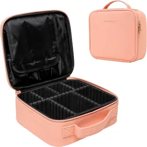 (Not Made In China) Makeup Train Case, Cosmetic Organizer Bag, Travel Make Up Storage With Adjustable Dividers For Cosmetics, Jewelry, Fragrance, Nail Polish and Brushes (Pink, Small)