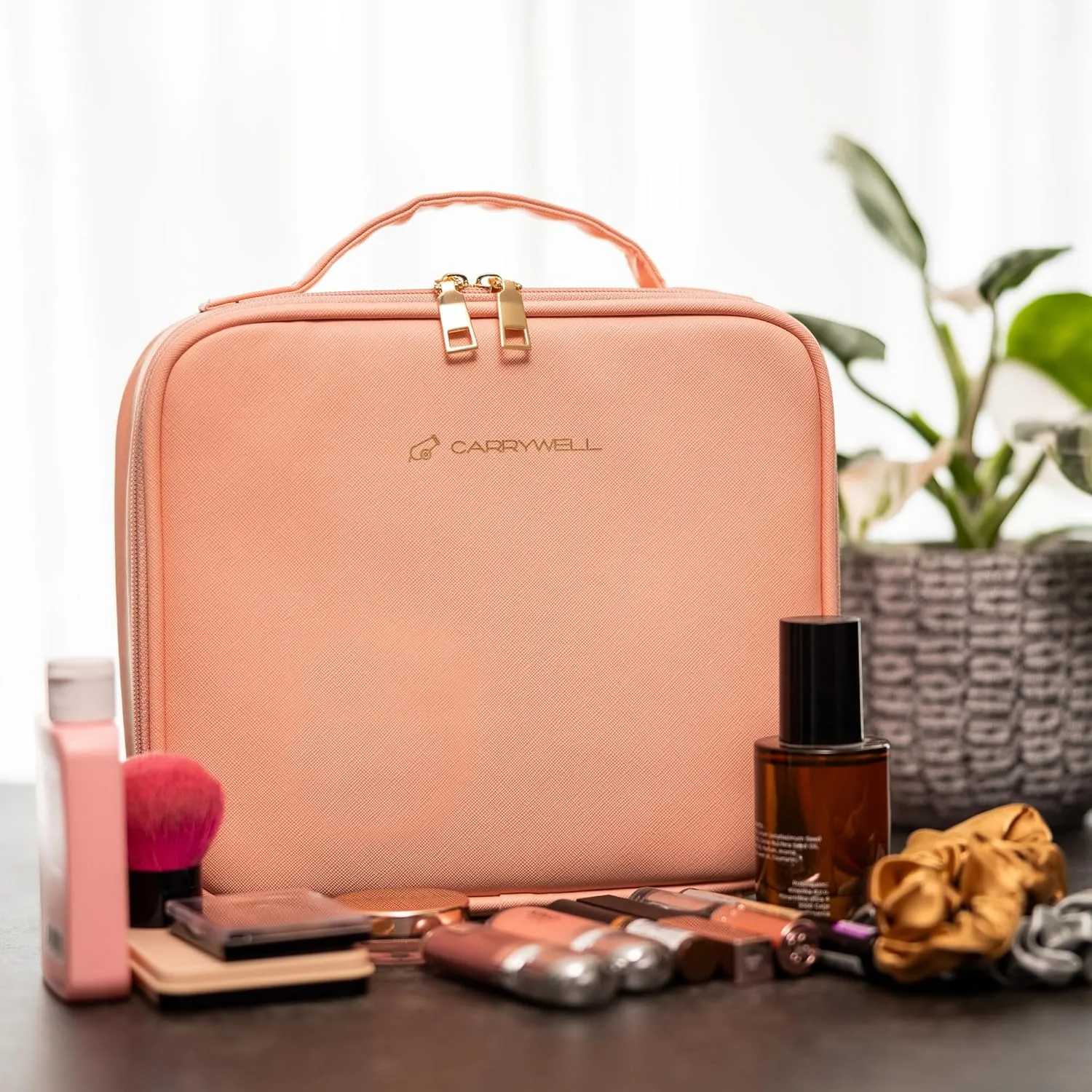 (Not Made In China) Makeup Train Case, Cosmetic Organizer Bag, Travel Make Up Storage With Adjustable Dividers For Cosmetics, Jewelry, Fragrance, Nail Polish and Brushes (Pink, Small)