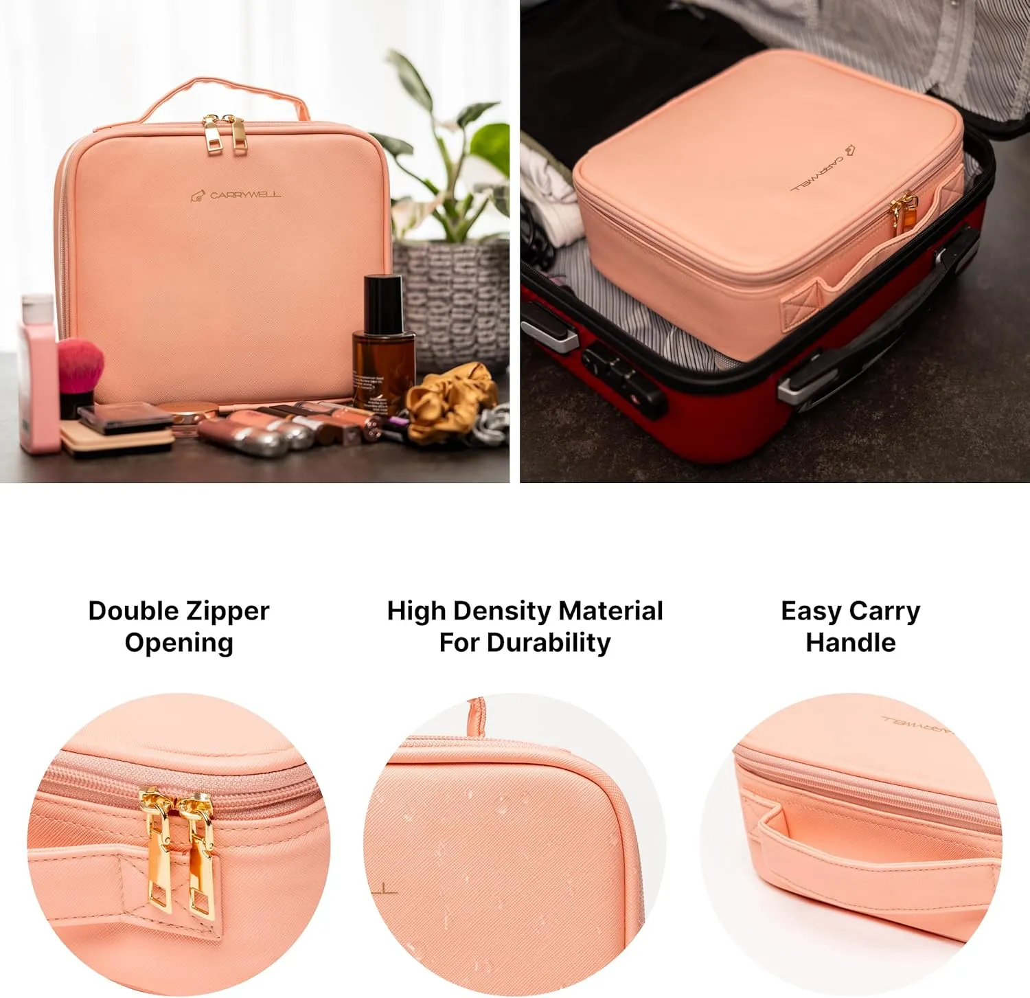 (Not Made In China) Makeup Train Case, Cosmetic Organizer Bag, Travel Make Up Storage With Adjustable Dividers For Cosmetics, Jewelry, Fragrance, Nail Polish and Brushes (Pink, Small)