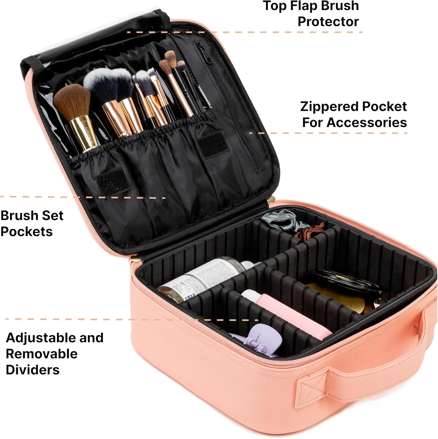 (Not Made In China) Makeup Train Case, Cosmetic Organizer Bag, Travel Make Up Storage With Adjustable Dividers For Cosmetics, Jewelry, Fragrance, Nail Polish and Brushes (Pink, Small)