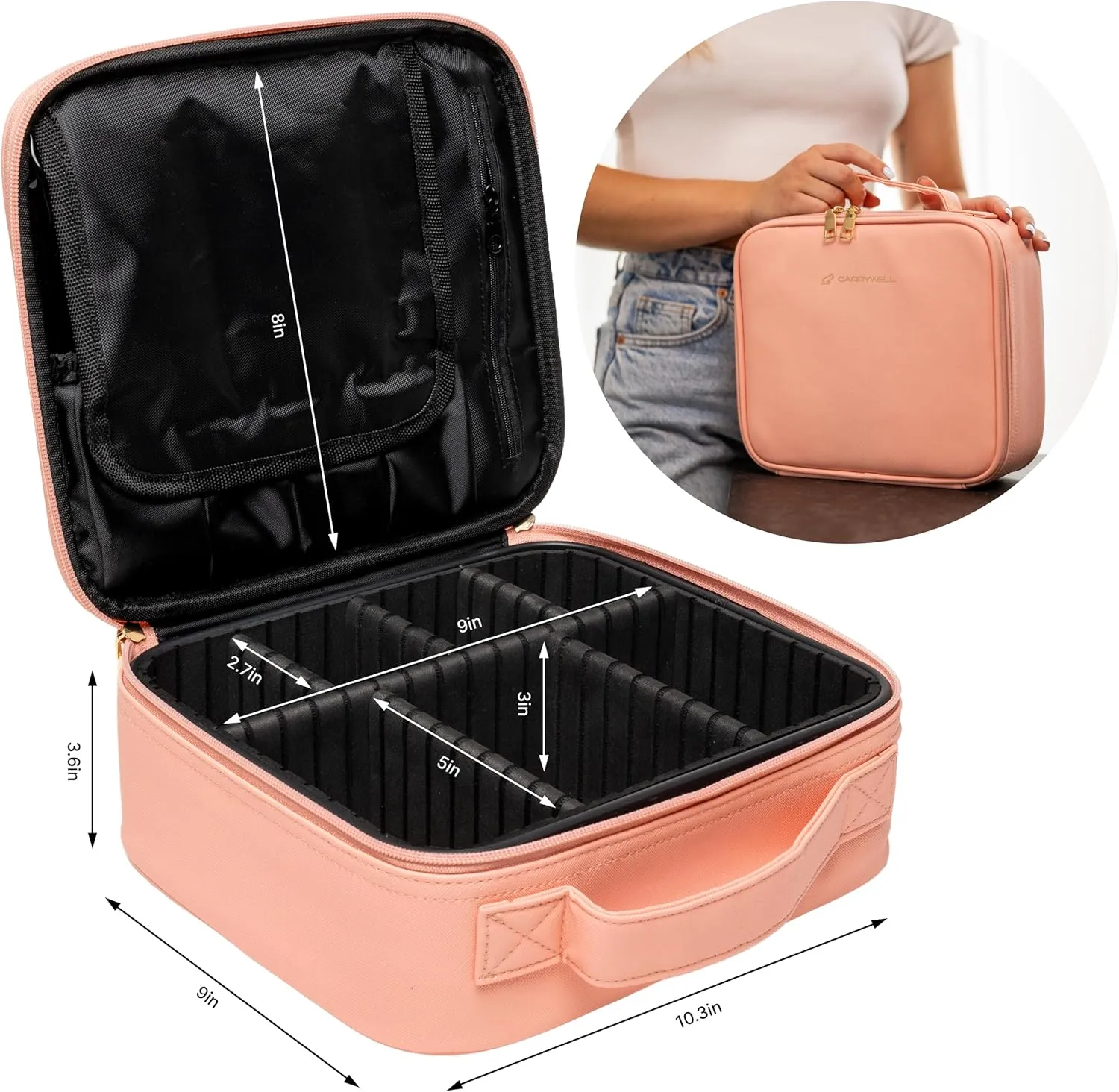 (Not Made In China) Makeup Train Case, Cosmetic Organizer Bag, Travel Make Up Storage With Adjustable Dividers For Cosmetics, Jewelry, Fragrance, Nail Polish and Brushes (Pink, Small)