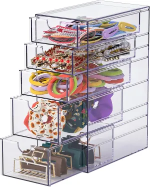 Noverlife Clear Containers for Hair Accessory Organizing, Plastic Hair Accessory Organizer Box with 5 Drawers, Hair Accessory Container, Storage Organization Drawers Set for Hair Ties Accessory