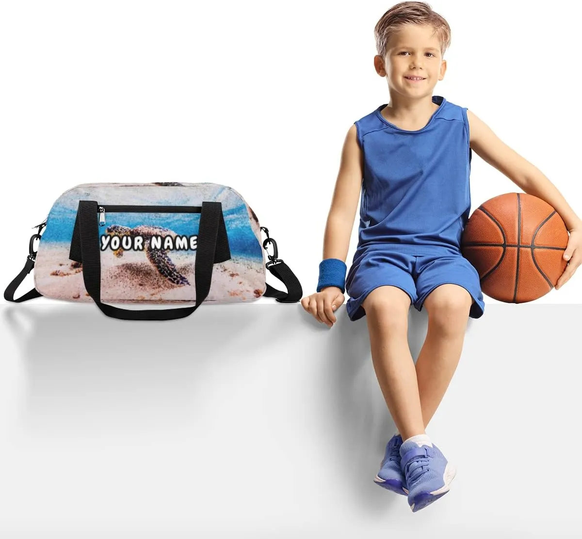 Ocean Animal Sea Turtles Personalized Kids Duffel Bag for Girls Boys, Sea Turtles Debris Custom Name Overnight Small Duffel Bag Carry On Weekend Sports Travel Bag for School Practice Gymnastics Ballet