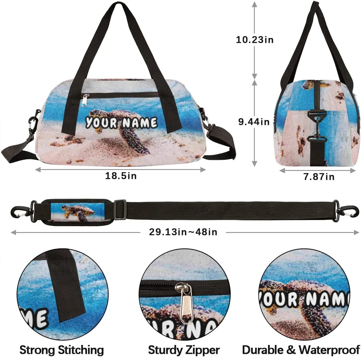Ocean Animal Sea Turtles Personalized Kids Duffel Bag for Girls Boys, Sea Turtles Debris Custom Name Overnight Small Duffel Bag Carry On Weekend Sports Travel Bag for School Practice Gymnastics Ballet