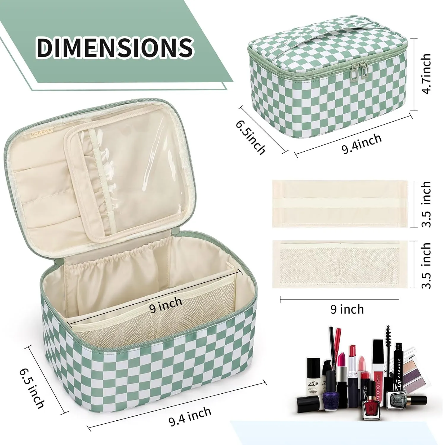 OCHEAL Makeup Bag for Women - Travel Cosmetic Organizer with Brush Slot & Divider, Large Capacity Toiletry Bag for Girls, Travel Makeup Case for everyday Make up Accessories -Green Plaid