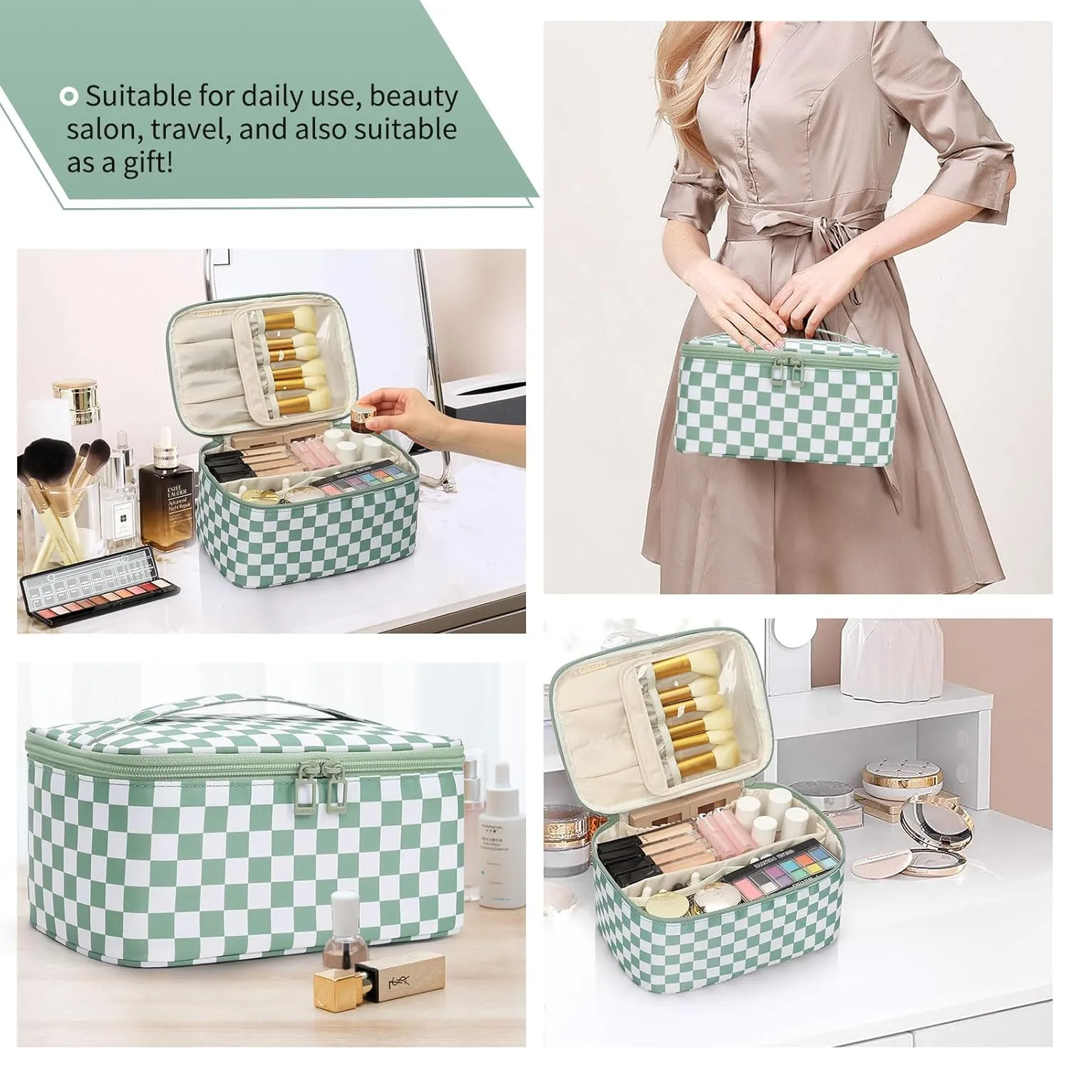 OCHEAL Makeup Bag for Women - Travel Cosmetic Organizer with Brush Slot & Divider, Large Capacity Toiletry Bag for Girls, Travel Makeup Case for everyday Make up Accessories -Green Plaid