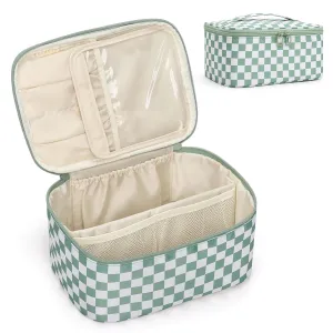 OCHEAL Makeup Bag for Women - Travel Cosmetic Organizer with Brush Slot & Divider, Large Capacity Toiletry Bag for Girls, Travel Makeup Case for everyday Make up Accessories -Green Plaid