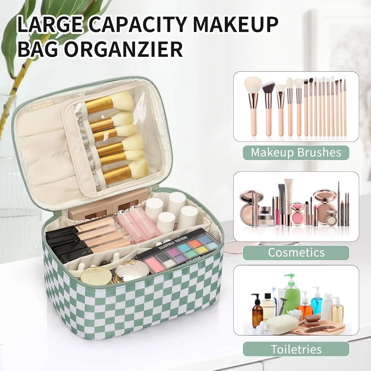 OCHEAL Makeup Bag for Women - Travel Cosmetic Organizer with Brush Slot & Divider, Large Capacity Toiletry Bag for Girls, Travel Makeup Case for everyday Make up Accessories -Green Plaid