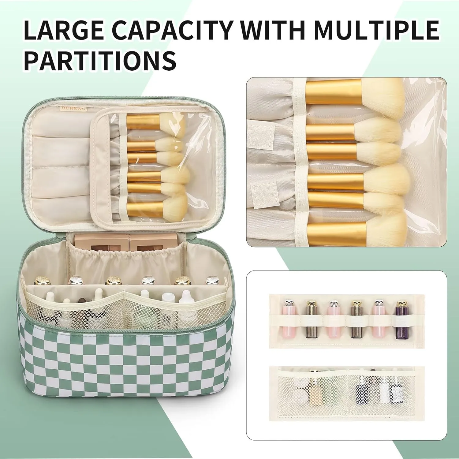 OCHEAL Makeup Bag for Women - Travel Cosmetic Organizer with Brush Slot & Divider, Large Capacity Toiletry Bag for Girls, Travel Makeup Case for everyday Make up Accessories -Green Plaid