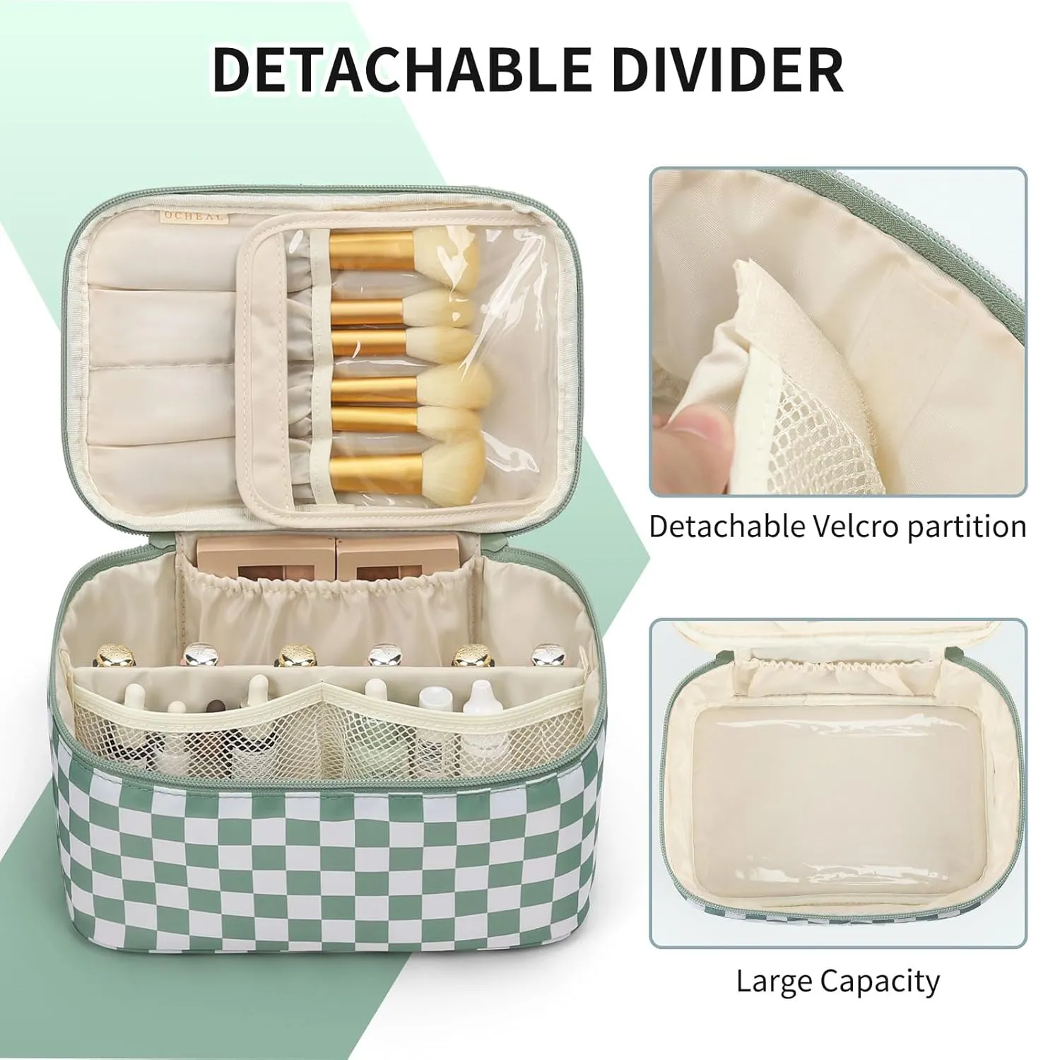 OCHEAL Makeup Bag for Women - Travel Cosmetic Organizer with Brush Slot & Divider, Large Capacity Toiletry Bag for Girls, Travel Makeup Case for everyday Make up Accessories -Green Plaid