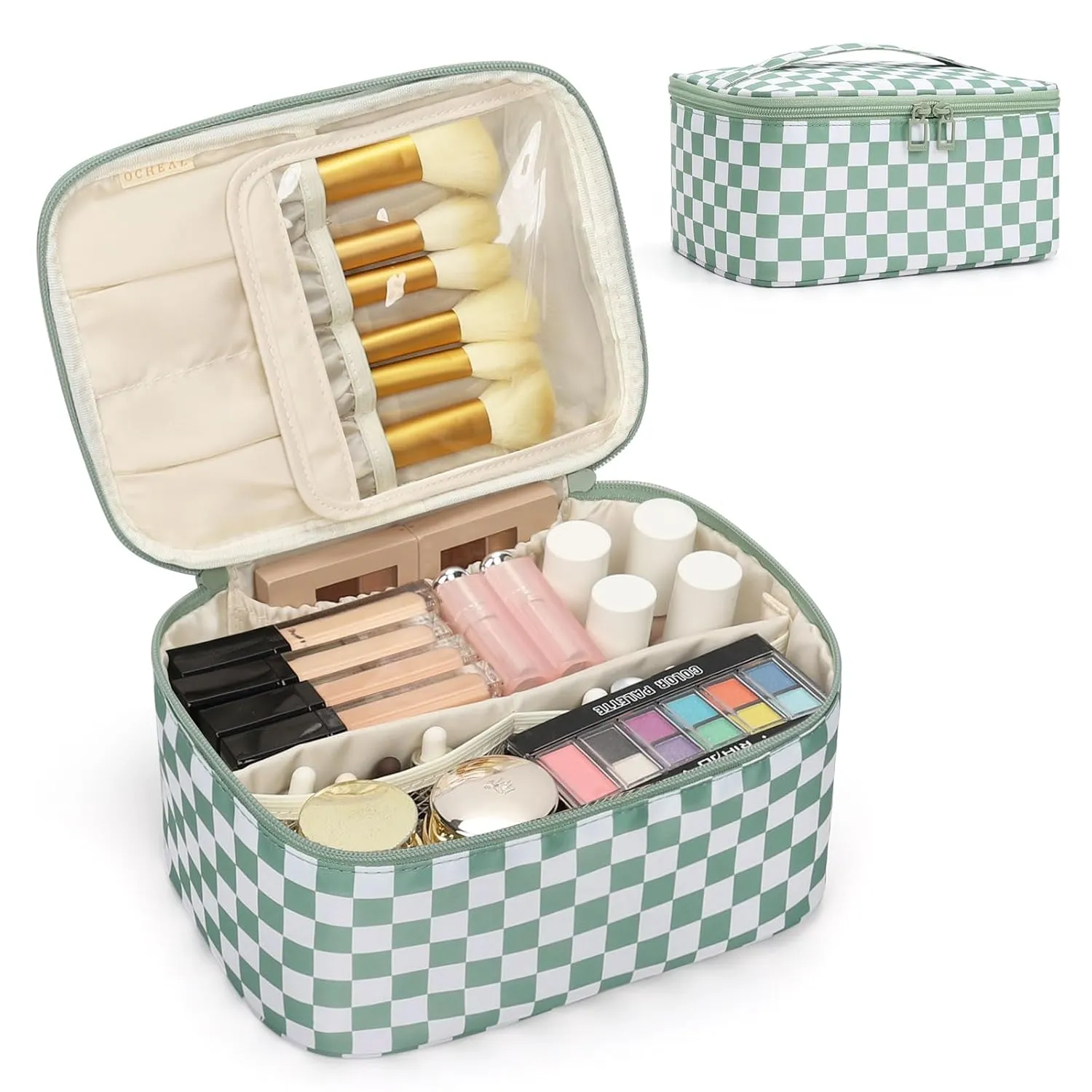 OCHEAL Makeup Bag for Women - Travel Cosmetic Organizer with Brush Slot & Divider, Large Capacity Toiletry Bag for Girls, Travel Makeup Case for everyday Make up Accessories -Green Plaid