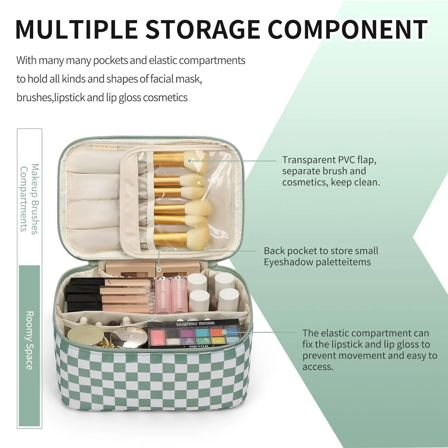 OCHEAL Makeup Bag for Women - Travel Cosmetic Organizer with Brush Slot & Divider, Large Capacity Toiletry Bag for Girls, Travel Makeup Case for everyday Make up Accessories -Green Plaid