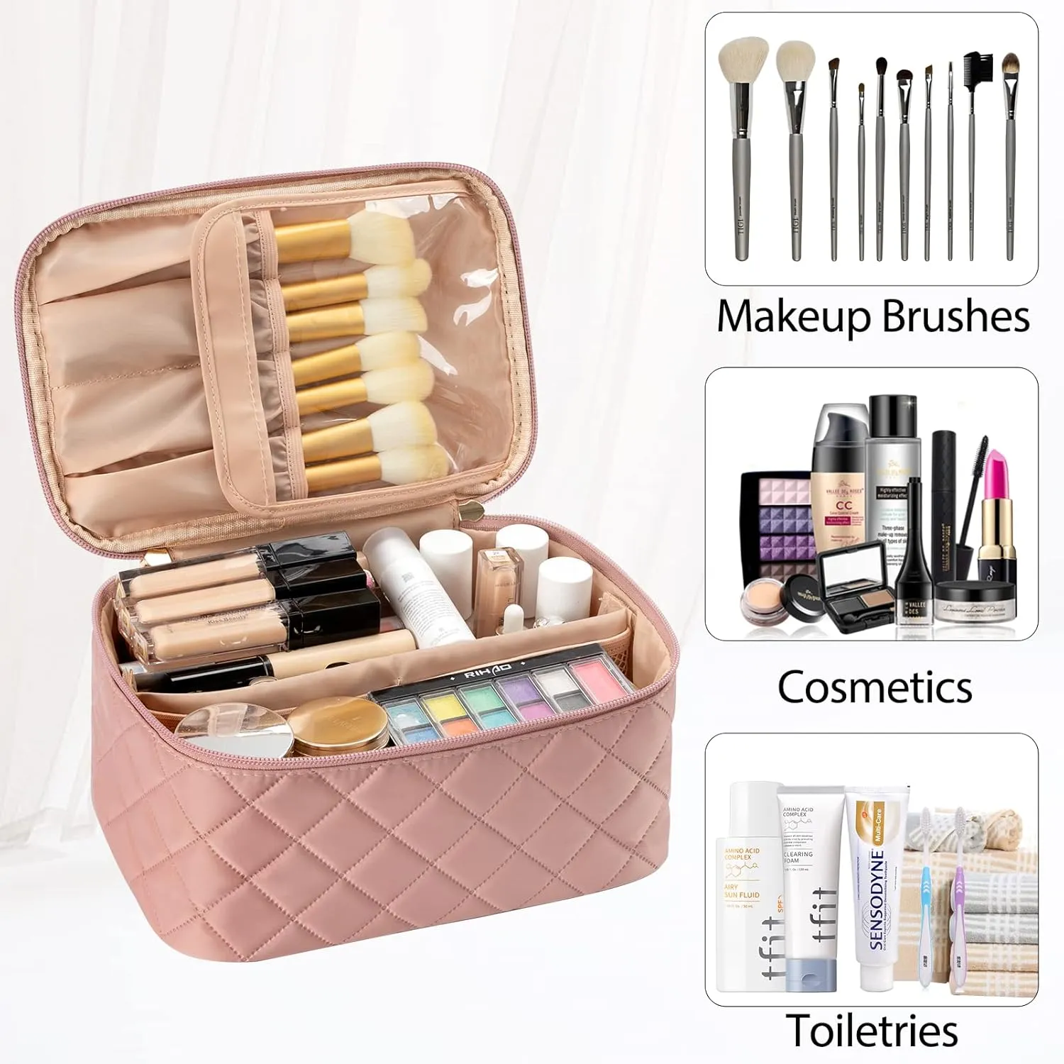 OCHEAL Makeup Bag, Portable Cosmetic Bag, Large Capacity Travel Case Organizer, Pink Makeup Bags For Women Toiletry Bag for Girls Traveling With Handle and Divider-Pink