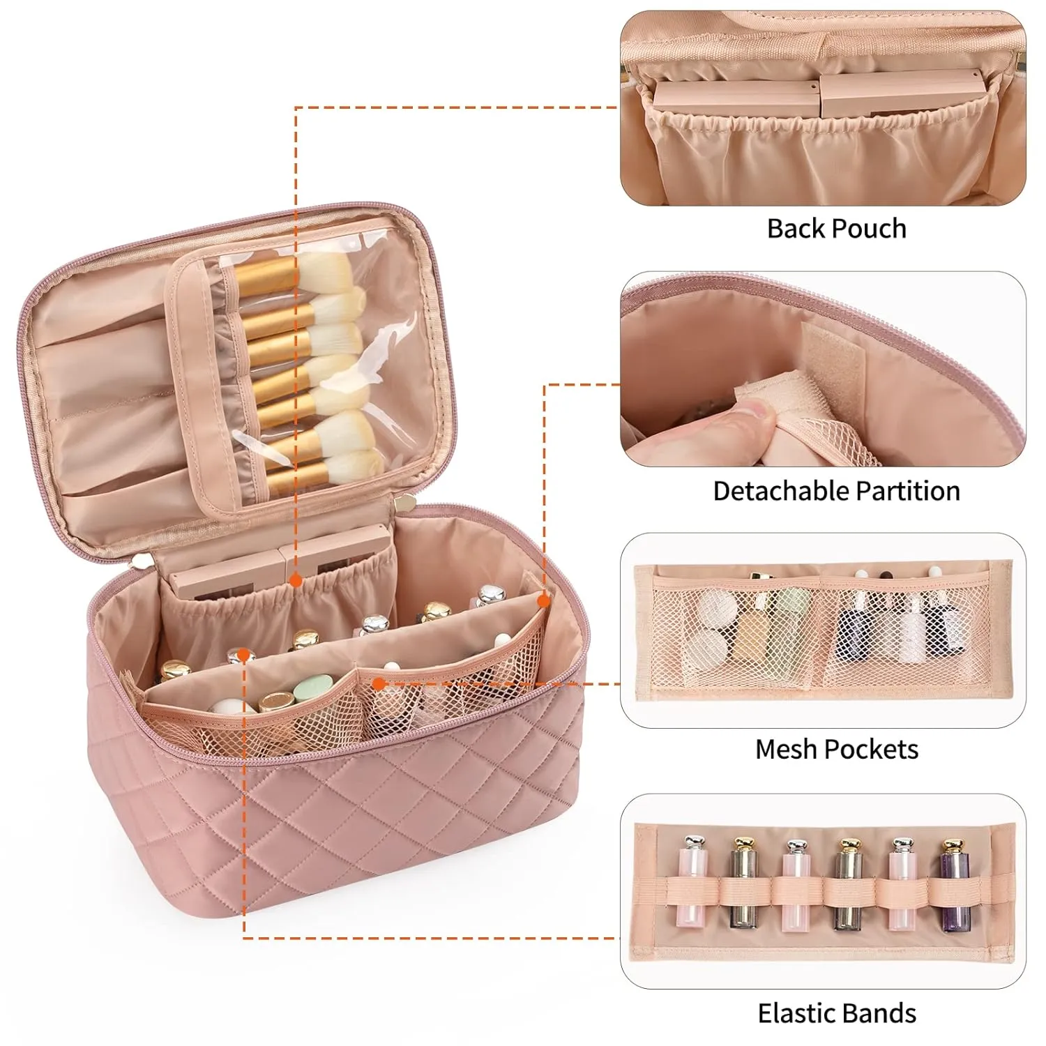 OCHEAL Makeup Bag, Portable Cosmetic Bag, Large Capacity Travel Case Organizer, Pink Makeup Bags For Women Toiletry Bag for Girls Traveling With Handle and Divider-Pink