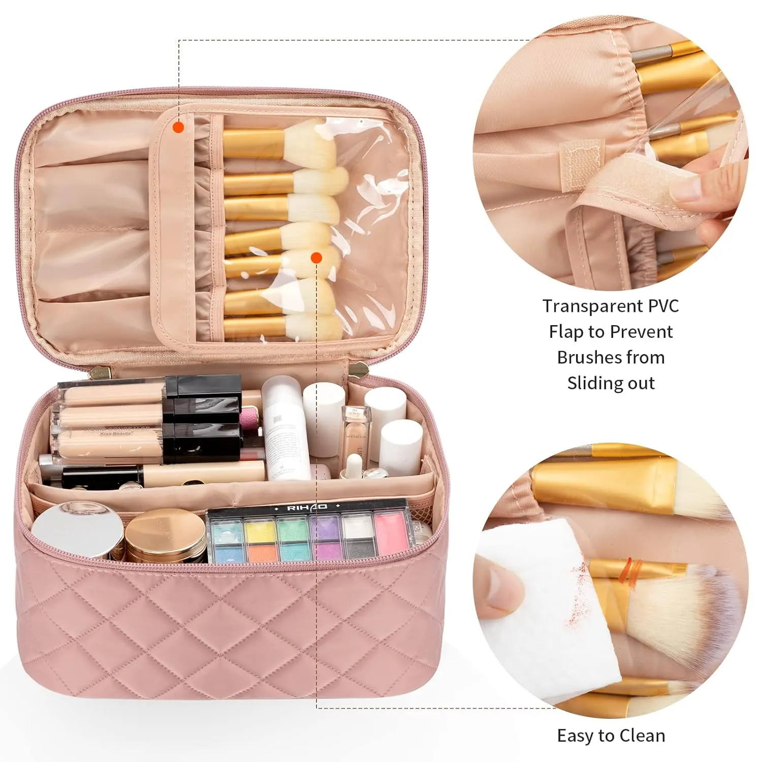 OCHEAL Makeup Bag, Portable Cosmetic Bag, Large Capacity Travel Case Organizer, Pink Makeup Bags For Women Toiletry Bag for Girls Traveling With Handle and Divider-Pink