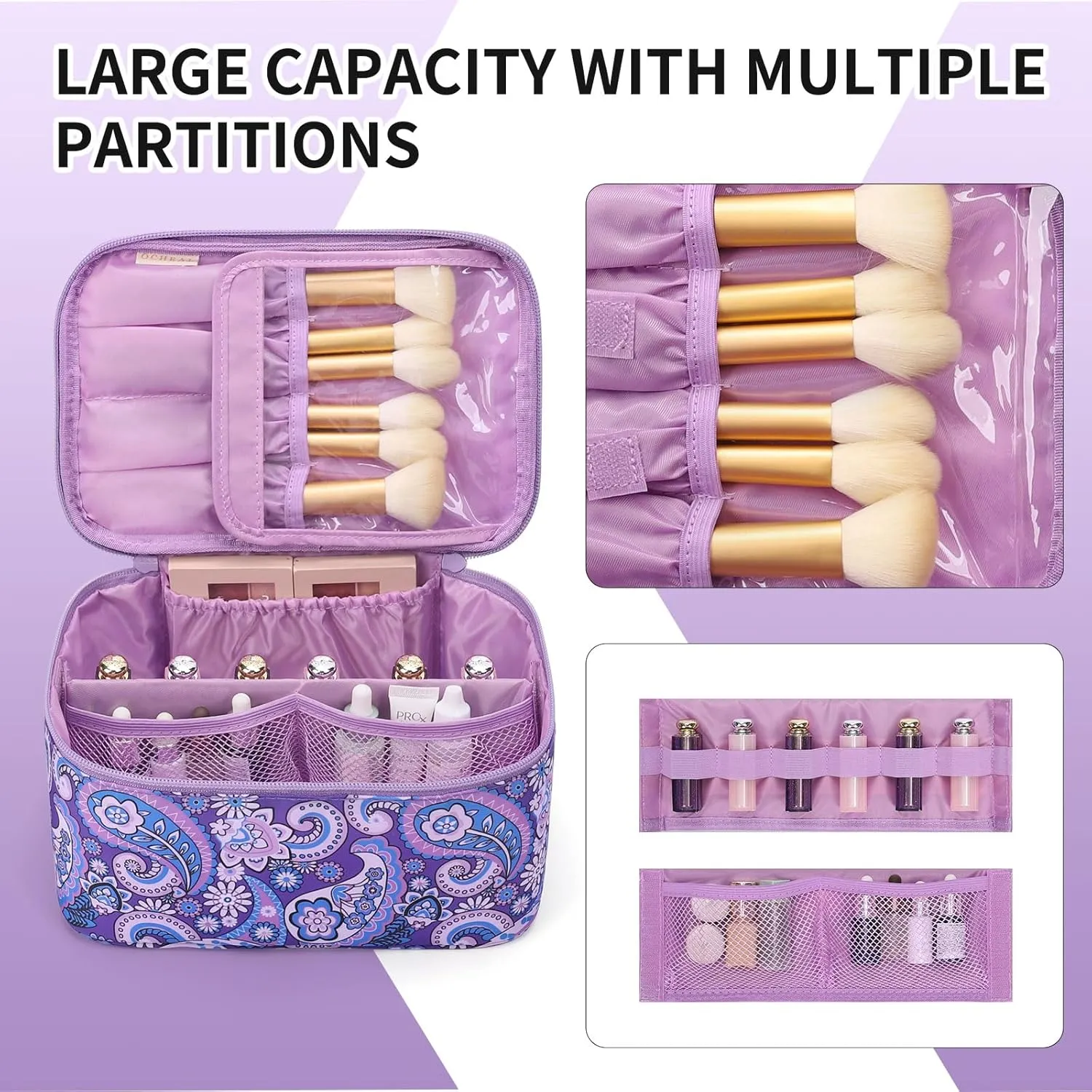 OCHEAL Makeup Bag - Portable Large Capacity Travel Cosmetic Case for Women with Handle and Divider Toiletry Organizer for Girls on the Go -Purple