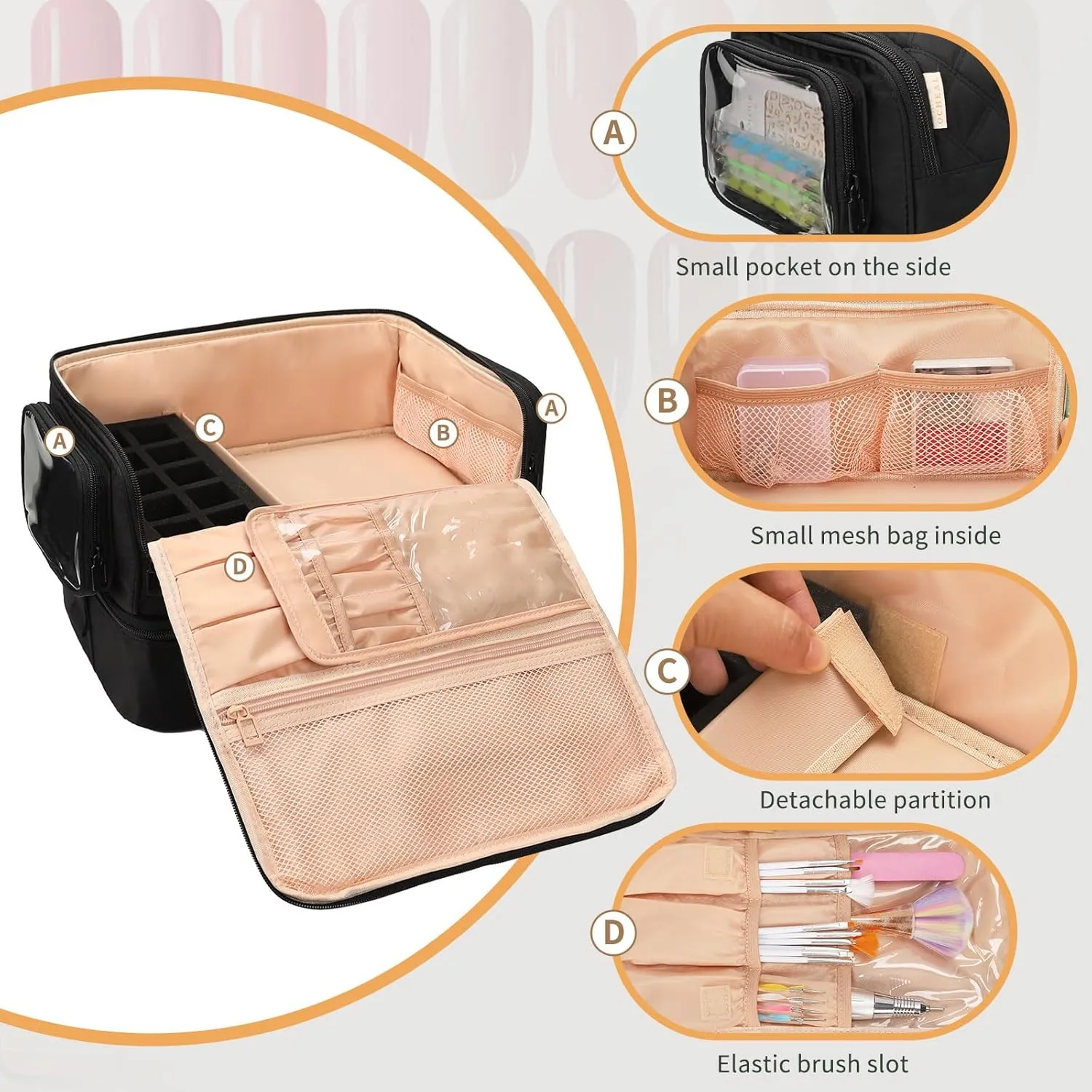 OCHEAL Nail Polish Organizer, Holds Nail Lamp and 45-75  Bottles 2-in-1 Nail Polish Storage Case,Detachable Nail Techs Gel Kit Supplies Carring Bag for Manicurist Tools 45-Slot Nail Holder-Black