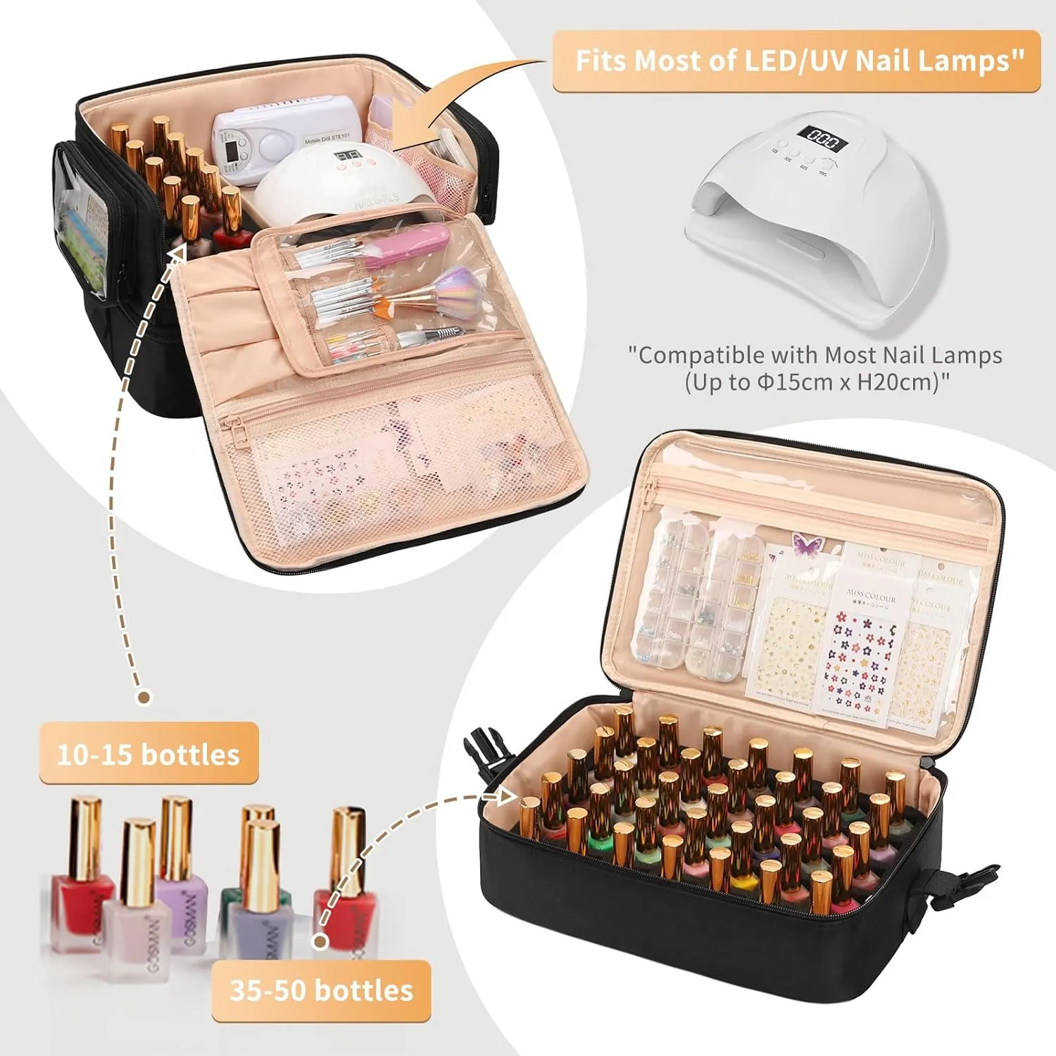 OCHEAL Nail Polish Organizer, Holds Nail Lamp and 45-75  Bottles 2-in-1 Nail Polish Storage Case,Detachable Nail Techs Gel Kit Supplies Carring Bag for Manicurist Tools 45-Slot Nail Holder-Black