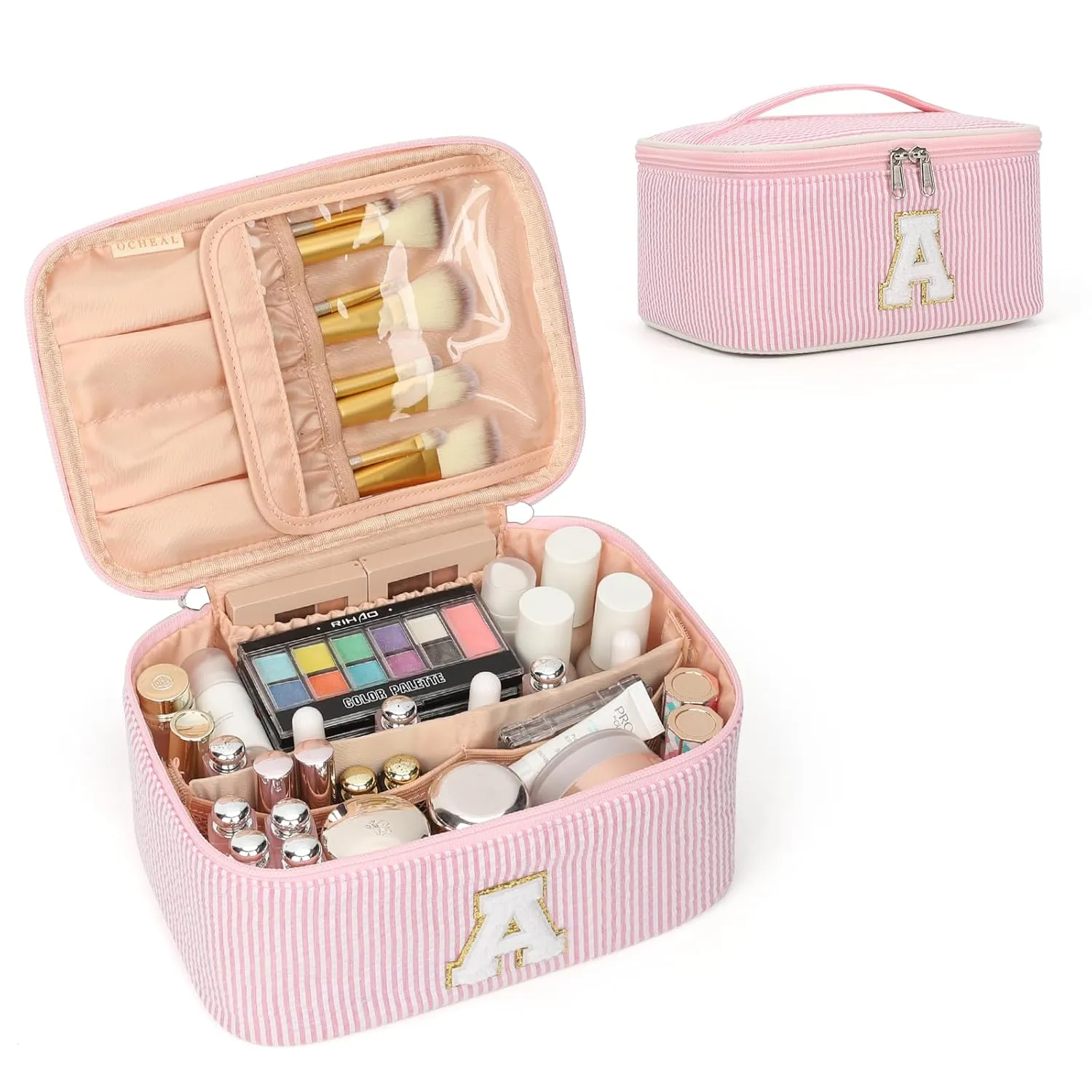 OCHEAL Personalized Makeup Bag for Women Monogram Travel Cosmetic Bag with Brush Holder and Divider, Pink Makeup Organizer Pouch Gift for Her Girls Bridesmaid, Sister, Wife, Friends Initial A
