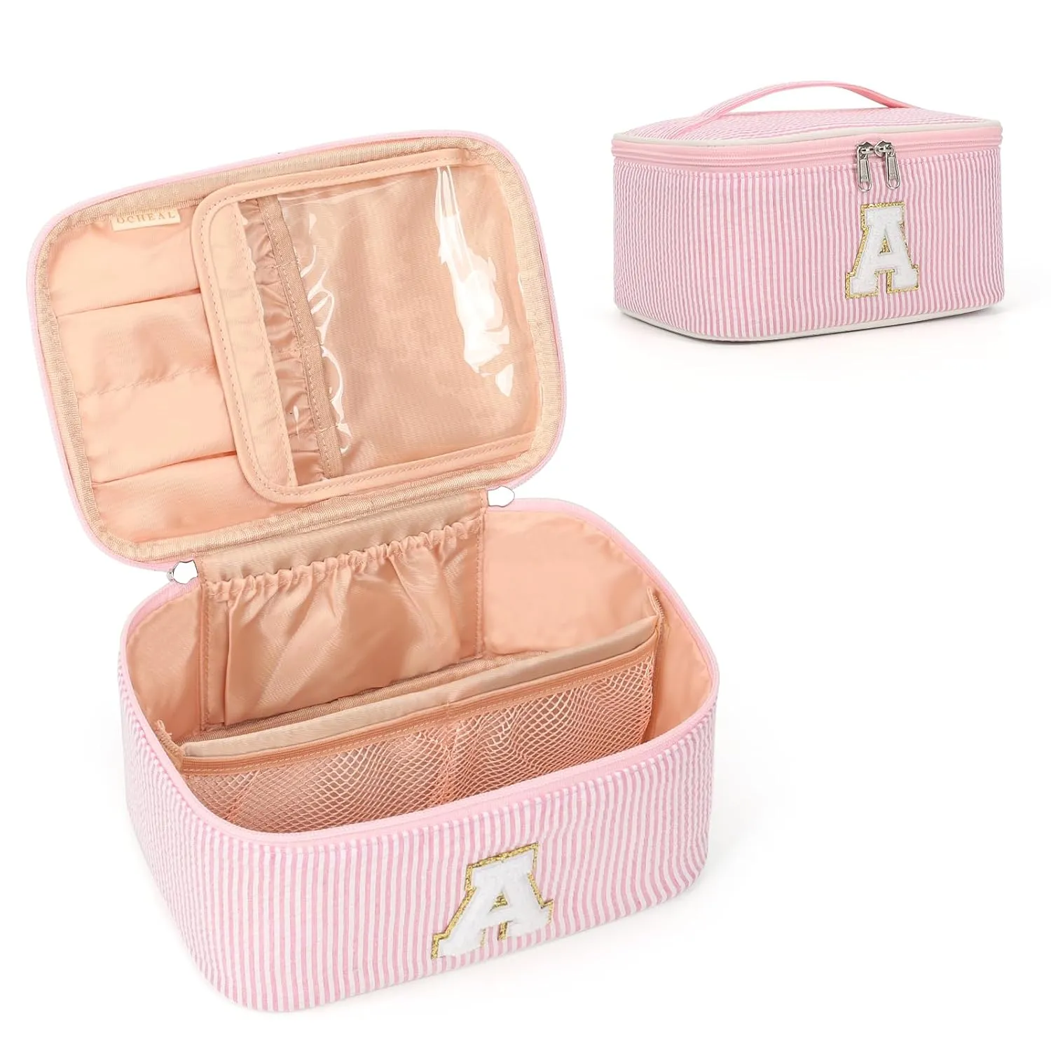 OCHEAL Personalized Makeup Bag for Women Monogram Travel Cosmetic Bag with Brush Holder and Divider, Pink Makeup Organizer Pouch Gift for Her Girls Bridesmaid, Sister, Wife, Friends Initial A