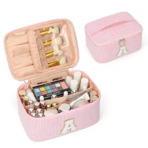 OCHEAL Personalized Makeup Bag for Women Monogram Travel Cosmetic Bag with Brush Holder and Divider, Pink Makeup Organizer Pouch Gift for Her Girls Bridesmaid, Sister, Wife, Friends Initial A
