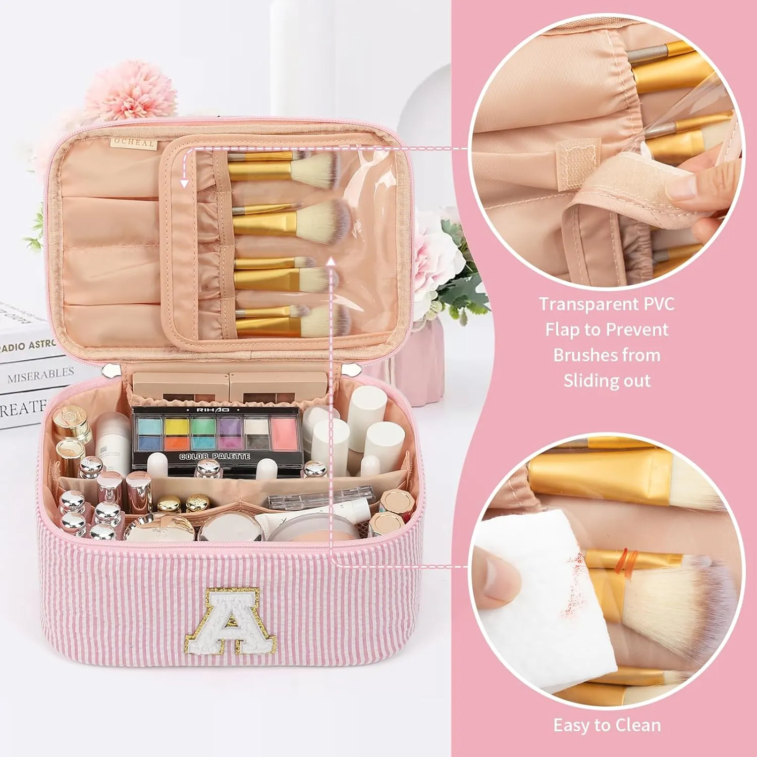 OCHEAL Personalized Makeup Bag for Women Monogram Travel Cosmetic Bag with Brush Holder and Divider, Pink Makeup Organizer Pouch Gift for Her Girls Bridesmaid, Sister, Wife, Friends Initial A