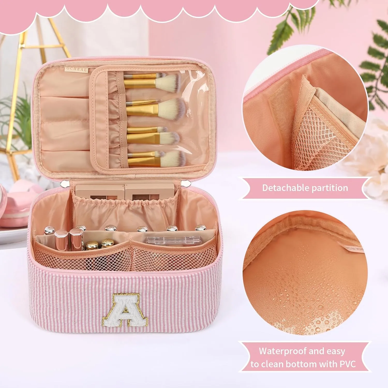 OCHEAL Personalized Makeup Bag for Women Monogram Travel Cosmetic Bag with Brush Holder and Divider, Pink Makeup Organizer Pouch Gift for Her Girls Bridesmaid, Sister, Wife, Friends Initial A