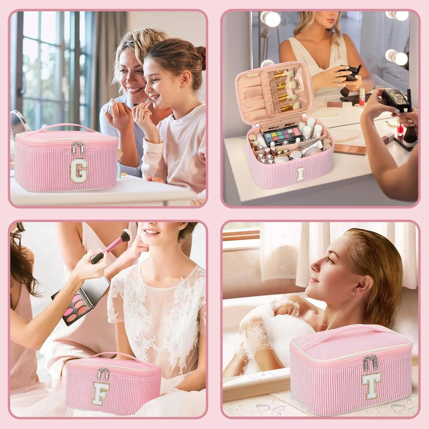 OCHEAL Personalized Makeup Bag for Women Monogram Travel Cosmetic Bag with Brush Holder and Divider, Pink Makeup Organizer Pouch Gift for Her Girls Bridesmaid, Sister, Wife, Friends Initial A
