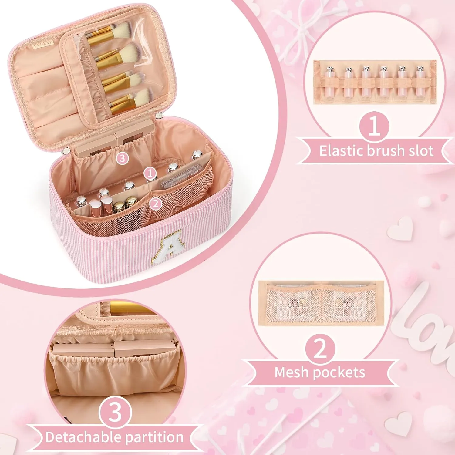 OCHEAL Personalized Makeup Bag for Women Monogram Travel Cosmetic Bag with Brush Holder and Divider, Pink Makeup Organizer Pouch Gift for Her Girls Bridesmaid, Sister, Wife, Friends Initial A