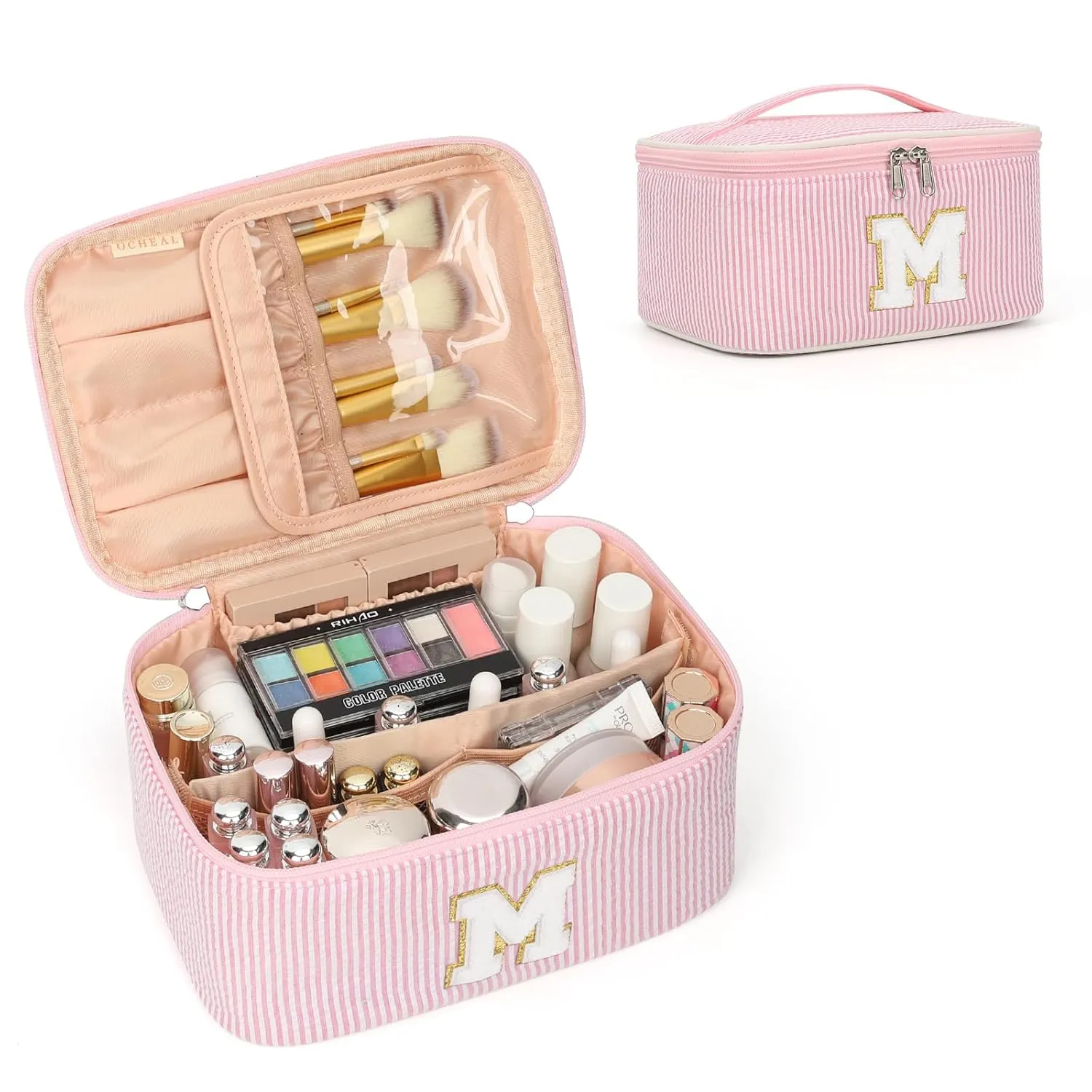 OCHEAL Personalized Makeup Bag for Women Monogram Travel Cosmetic Bag with Brush Holder and Divider, Pink Makeup Organizer Pouch Gift for Her Girls Bridesmaid, Sister, Wife, Friends Initial M