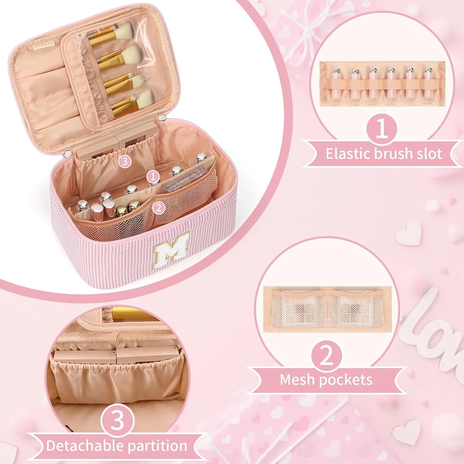 OCHEAL Personalized Makeup Bag for Women Monogram Travel Cosmetic Bag with Brush Holder and Divider, Pink Makeup Organizer Pouch Gift for Her Girls Bridesmaid, Sister, Wife, Friends Initial M
