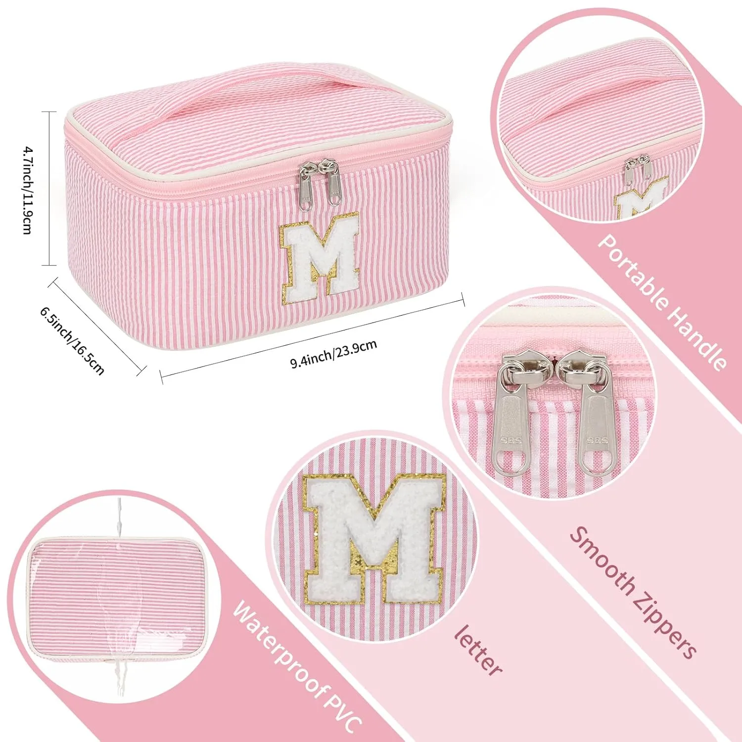 OCHEAL Personalized Makeup Bag for Women Monogram Travel Cosmetic Bag with Brush Holder and Divider, Pink Makeup Organizer Pouch Gift for Her Girls Bridesmaid, Sister, Wife, Friends Initial M