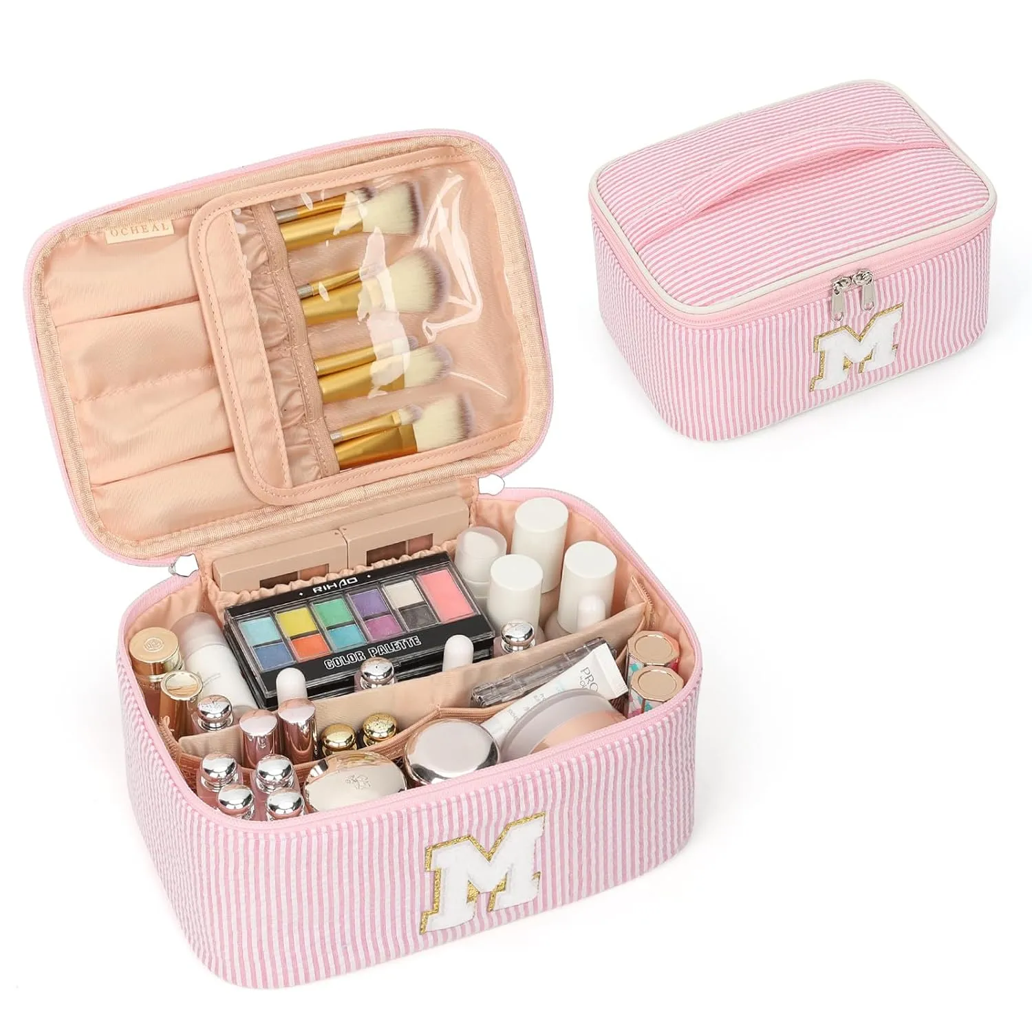 OCHEAL Personalized Makeup Bag for Women Monogram Travel Cosmetic Bag with Brush Holder and Divider, Pink Makeup Organizer Pouch Gift for Her Girls Bridesmaid, Sister, Wife, Friends Initial M