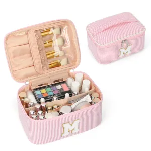 OCHEAL Personalized Makeup Bag for Women Monogram Travel Cosmetic Bag with Brush Holder and Divider, Pink Makeup Organizer Pouch Gift for Her Girls Bridesmaid, Sister, Wife, Friends Initial M
